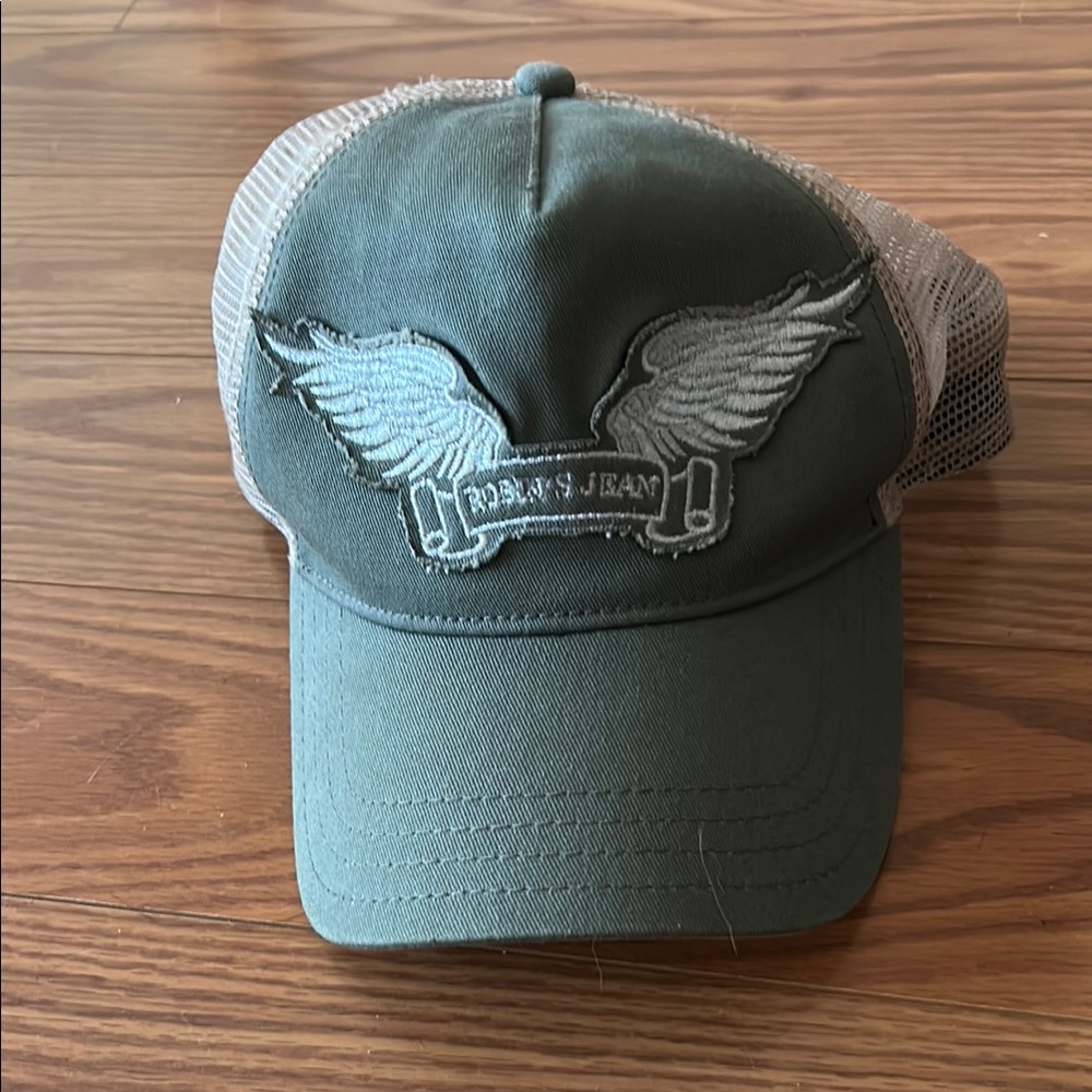 Robin's Jean Green and Tan Trucker Hat with Winged Design